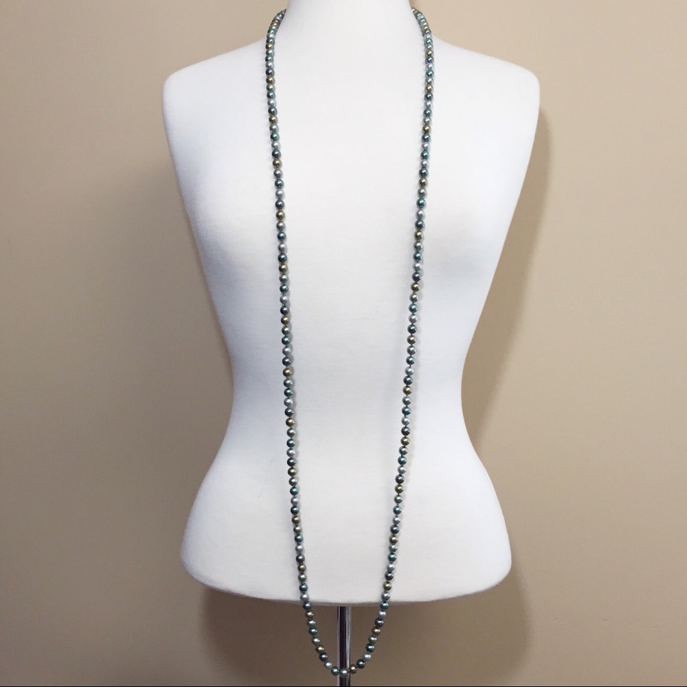Super Long Grey Tones Glass Pearl Necklace - Picture 2 of 7